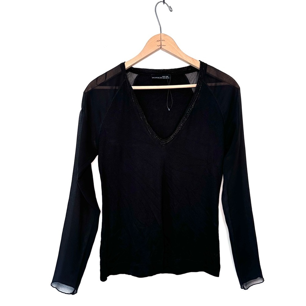 Zara Black Shimmer V-Neck Sheer Sleeve Top Size Small
